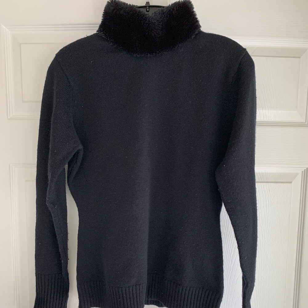 Black Wool Turtleneck with Faux Fur Collar